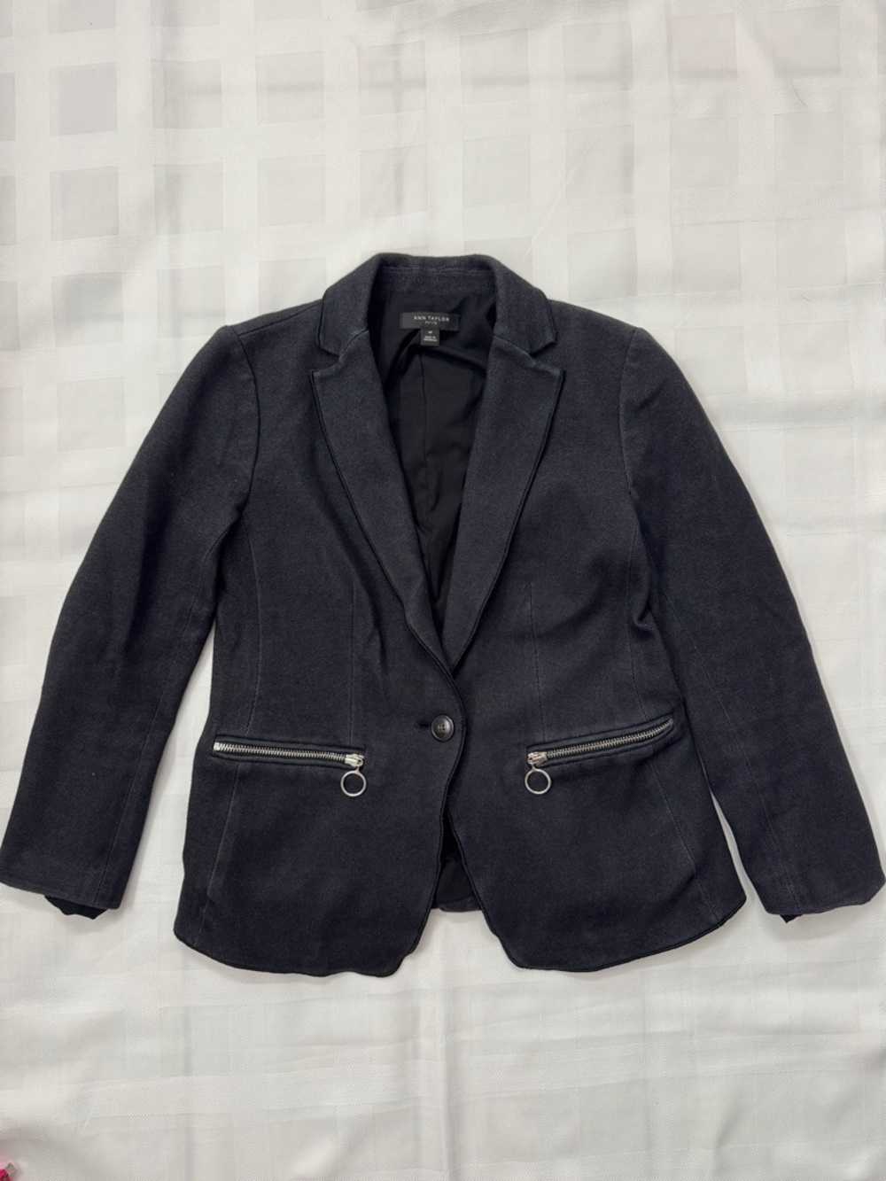 Ann Taylor Black Charcoal Tweed Single-Button Blazer with Zip Pocket Rings